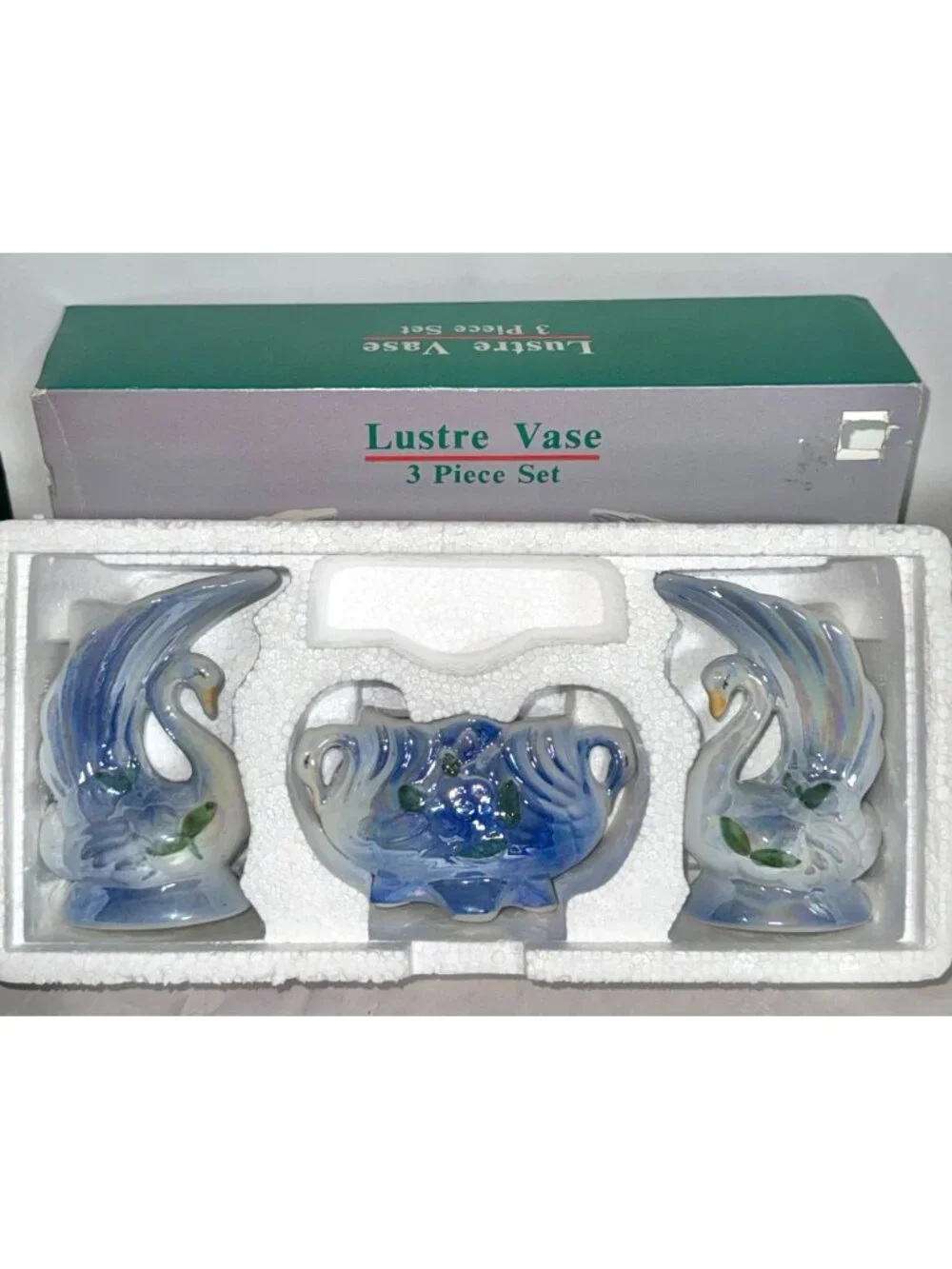 Lustre Vase 3-Piece Set Ceramic Swan Design Iridescent Finish Floral Detailing